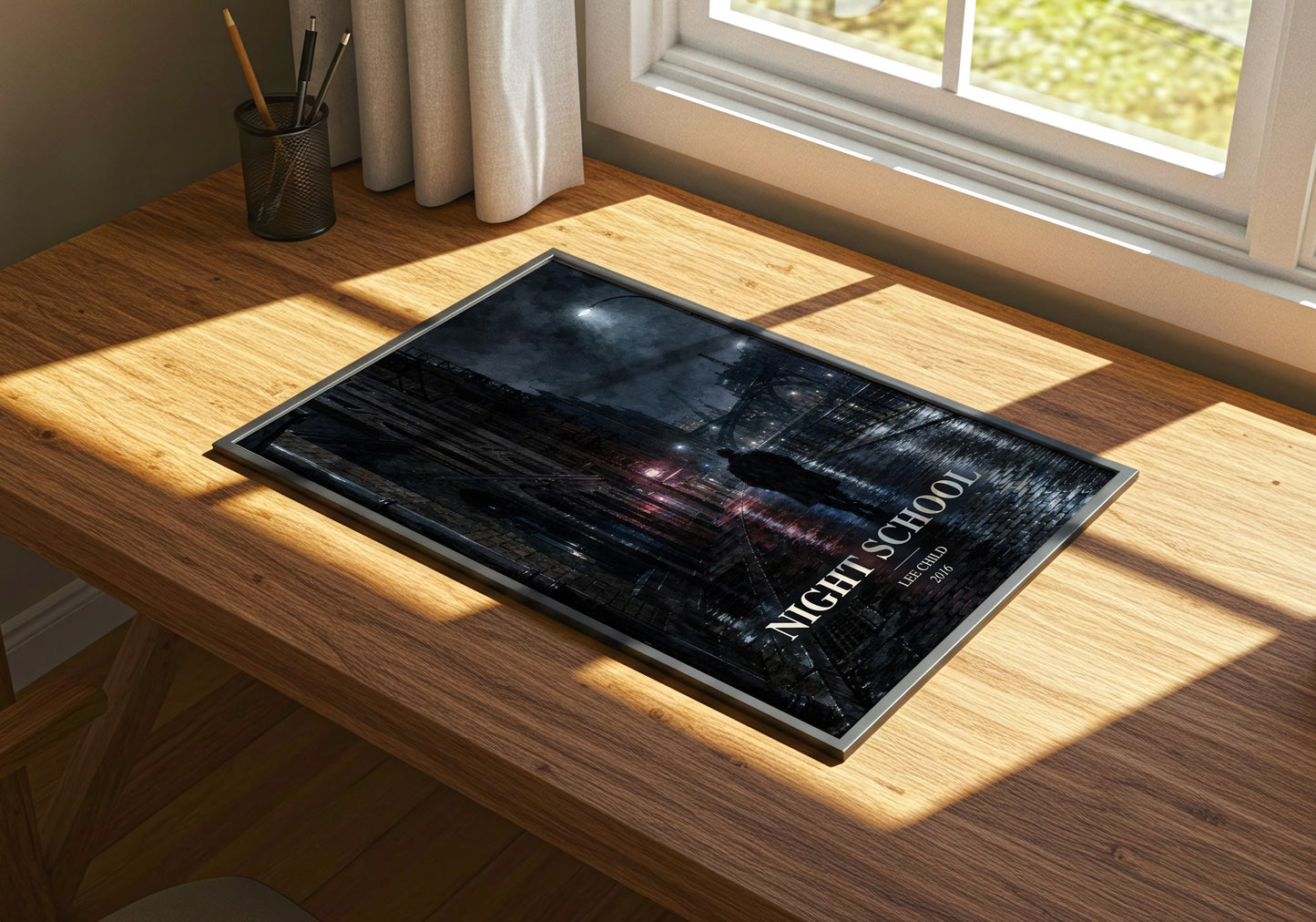 Night School watercolour book poster framed on wall – thriller wall art