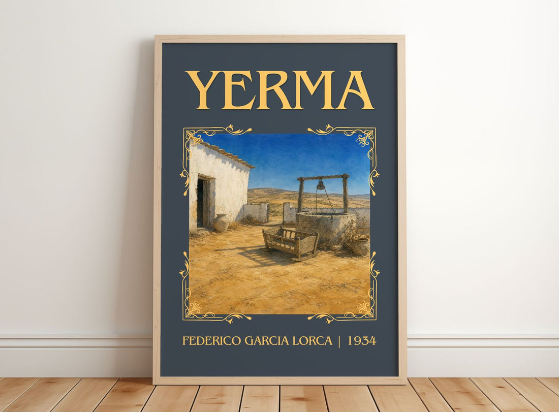 Yerma Classic Book Art Print by Federico García Lorca – framed print leaning on a wooden floor
