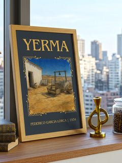 Yerma Classic Book Art Print by Federico García Lorca – framed print on a city-view windowsill