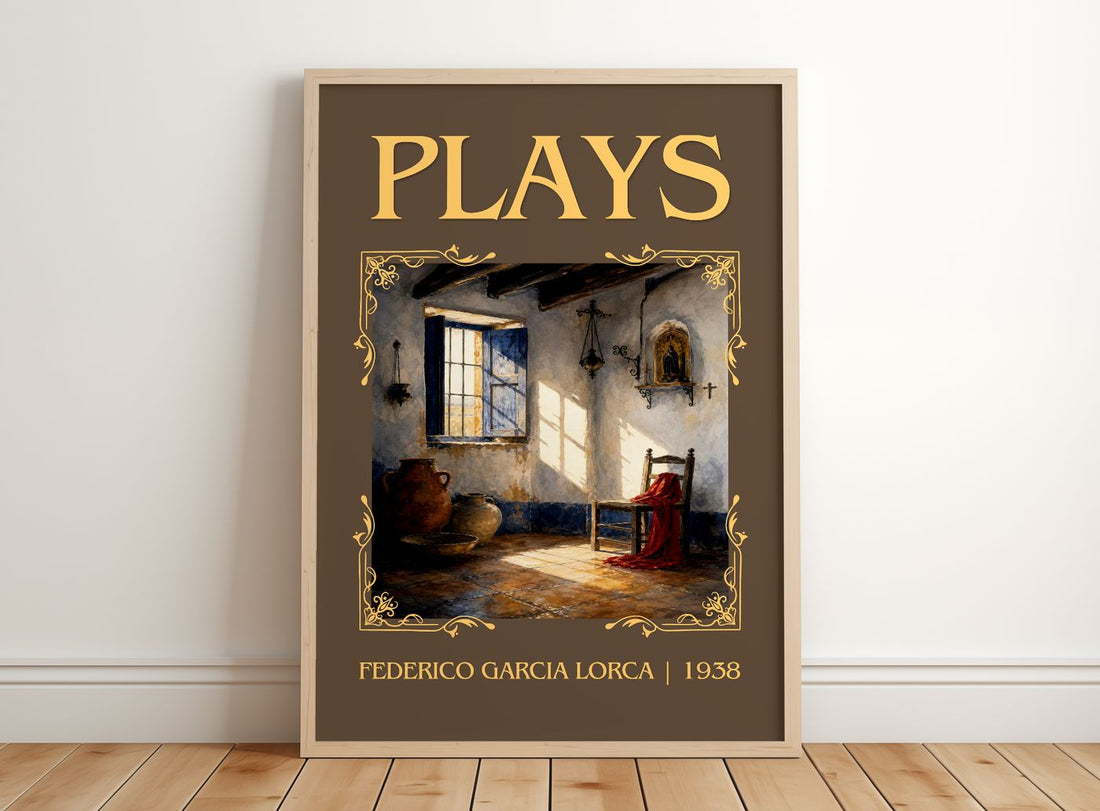 Plays Classic Book Art Print by Federico García Lorca – framed print leaning on a wooden floor