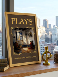Plays Classic Book Art Print by Federico García Lorca – framed print on a city-view windowsill