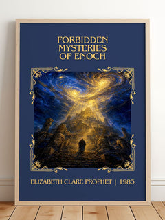 Forbidden mysteries of Enoch Classic Book Art Print by E. Prophet – framed print leaning on a wooden floor