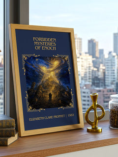 Forbidden mysteries of Enoch Classic Book Art Print by E. Prophet – framed print on a city-view windowsill