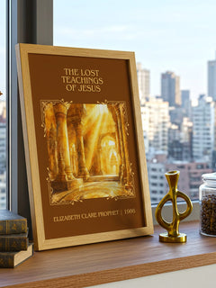 lost teachings of Jesus Classic Book Art Print by E. Prophet – framed print on a city-view windowsill