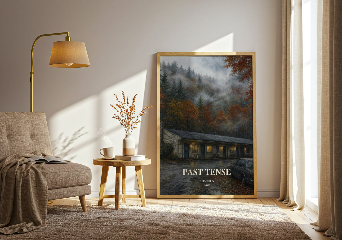 Past Tense watercolour print in frame leaning in hallway – thriller wall art