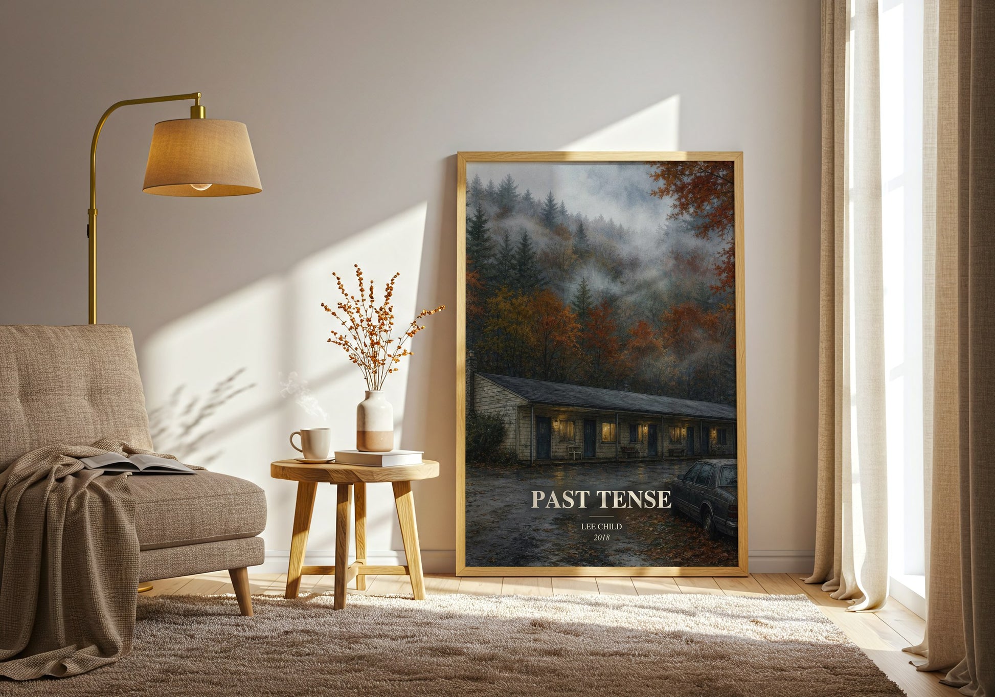 Past Tense watercolour print in frame leaning in hallway – thriller wall art