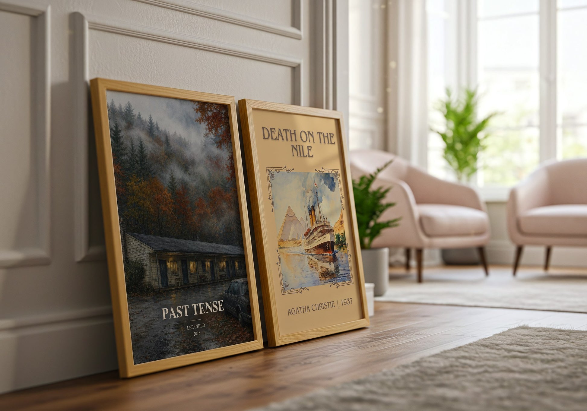 Past Tense watercolour print framed by window – literary home decor