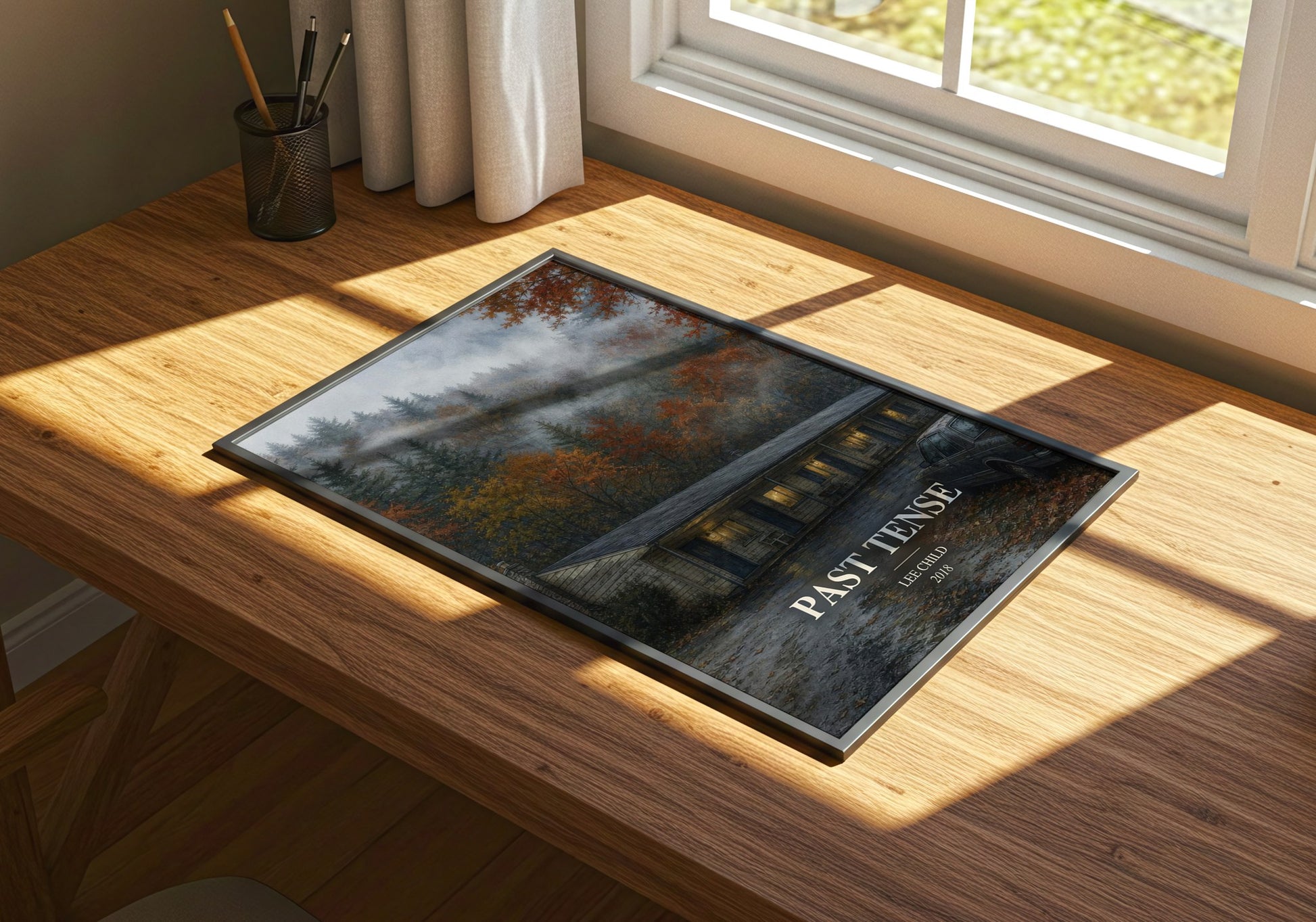 Past Tense watercolour book poster framed on wall – thriller wall art
