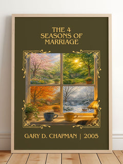 The 4 Seasons of Marriage Classic Book Art Print by Gary D. Chapman – framed print leaning on a wooden floor