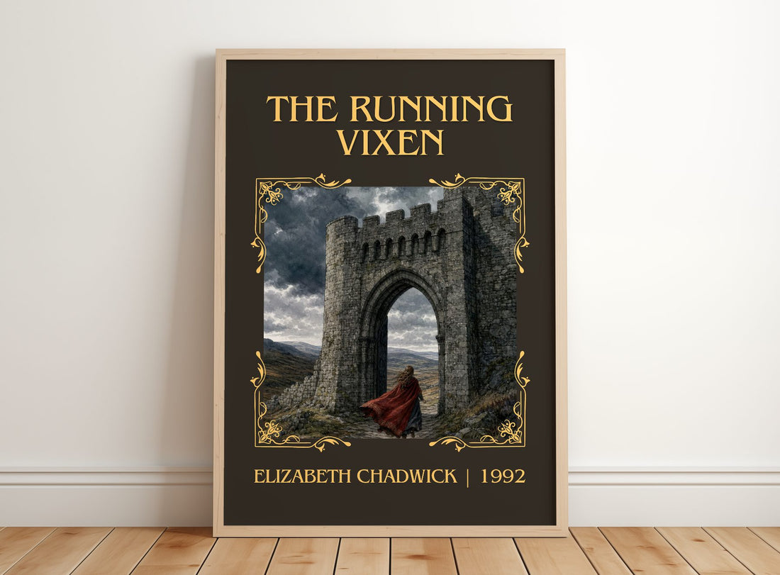 The running vixen Classic Book Art Print by Elizabeth Chadwick – framed print leaning on a wooden floor