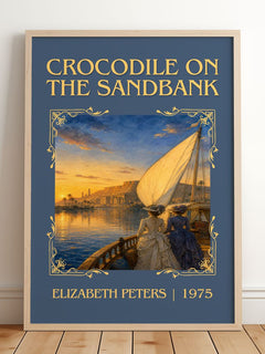Crocodile on the sandbank Classic Book Art Print by Elizabeth Peters – framed print leaning on a wooden floor