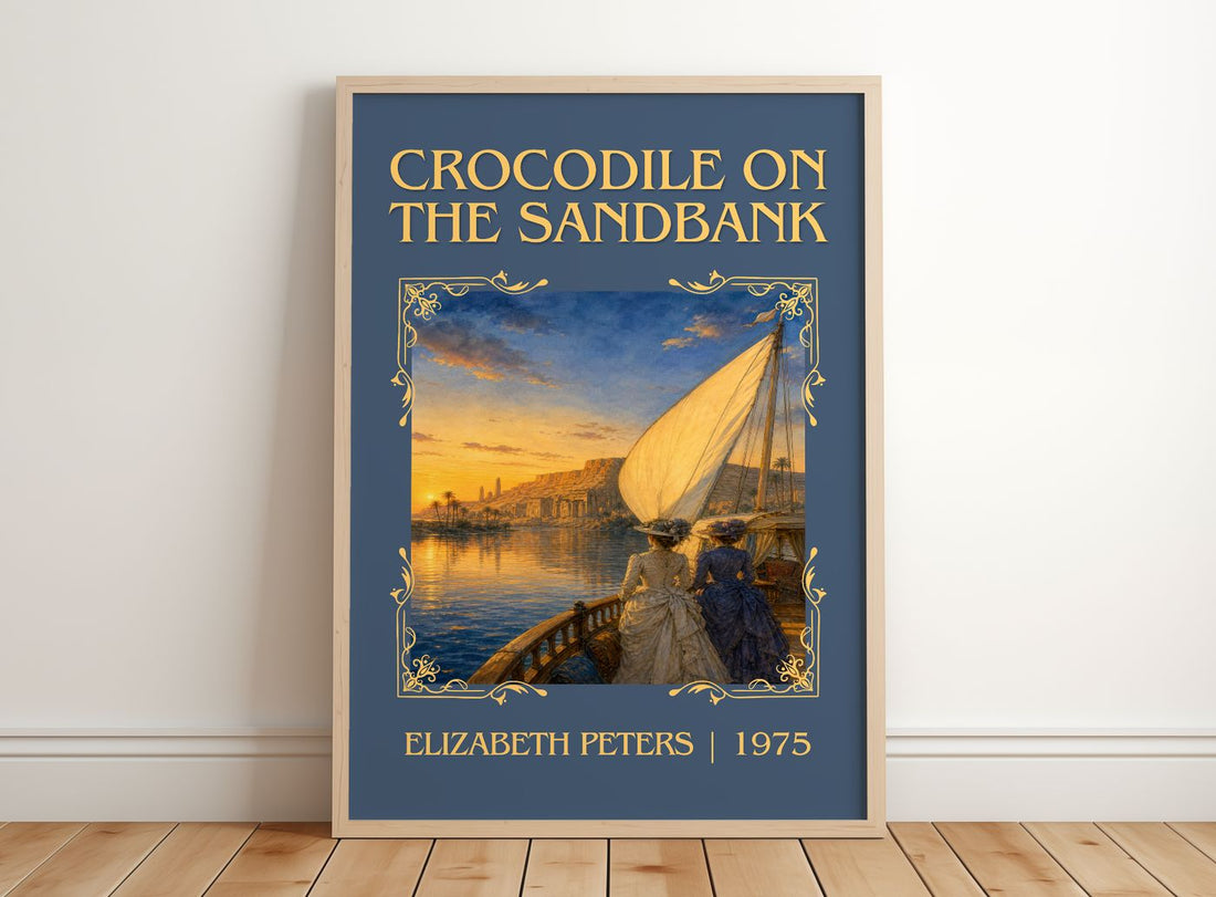 Crocodile on the sandbank Classic Book Art Print by Elizabeth Peters – framed print leaning on a wooden floor