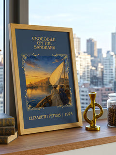 Crocodile on the sandbank Classic Book Art Print by Elizabeth Peters – framed print on a city-view windowsill