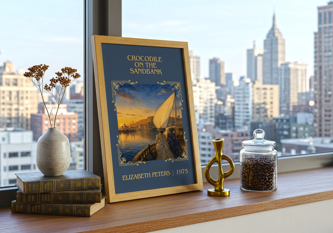 Crocodile on the sandbank Classic Book Art Print by Elizabeth Peters – framed print on a city-view windowsill