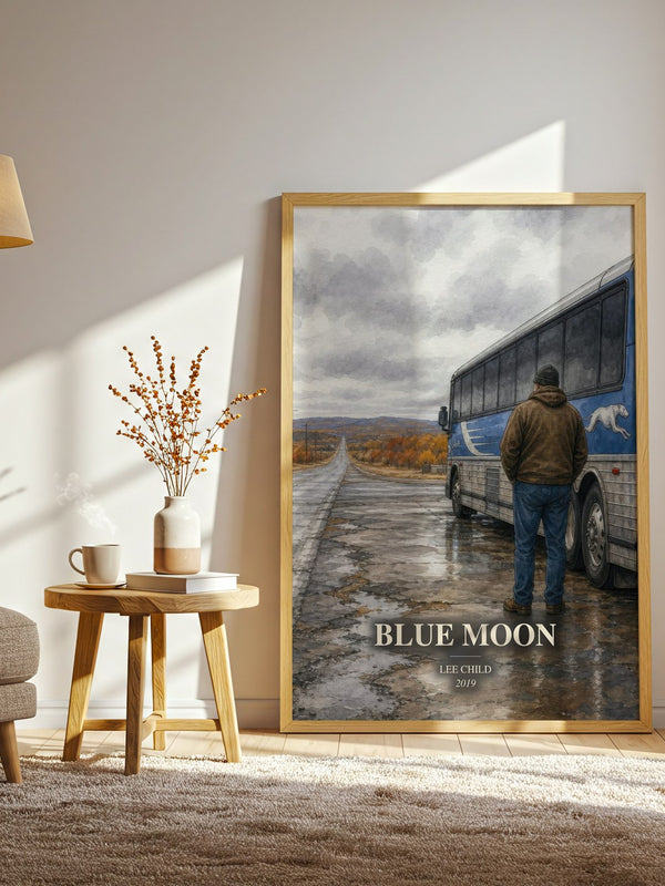 Blue Moon watercolour print in frame leaning in hallway – thriller wall art