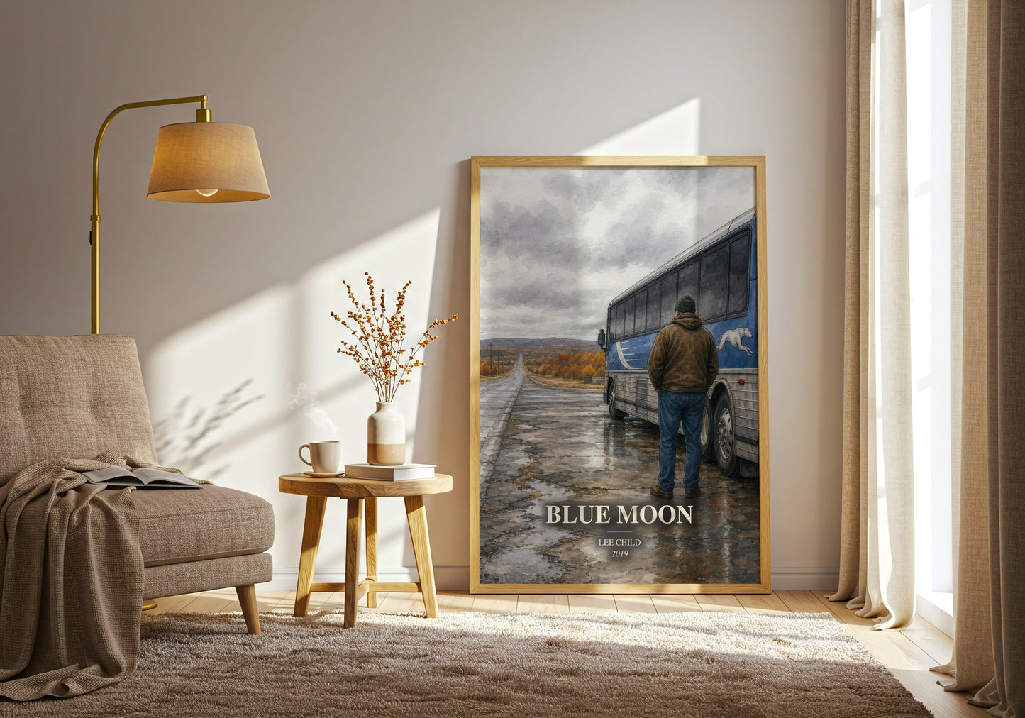 Blue Moon watercolour print in frame leaning in hallway – thriller wall art