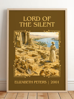 Lord of the silent Classic Book Art Print by Elizabeth Peters – framed print leaning on a wooden floor