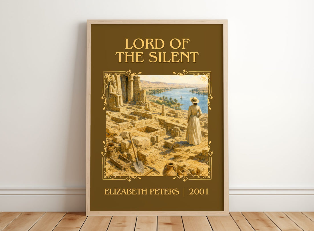 Lord of the silent Classic Book Art Print by Elizabeth Peters – framed print leaning on a wooden floor