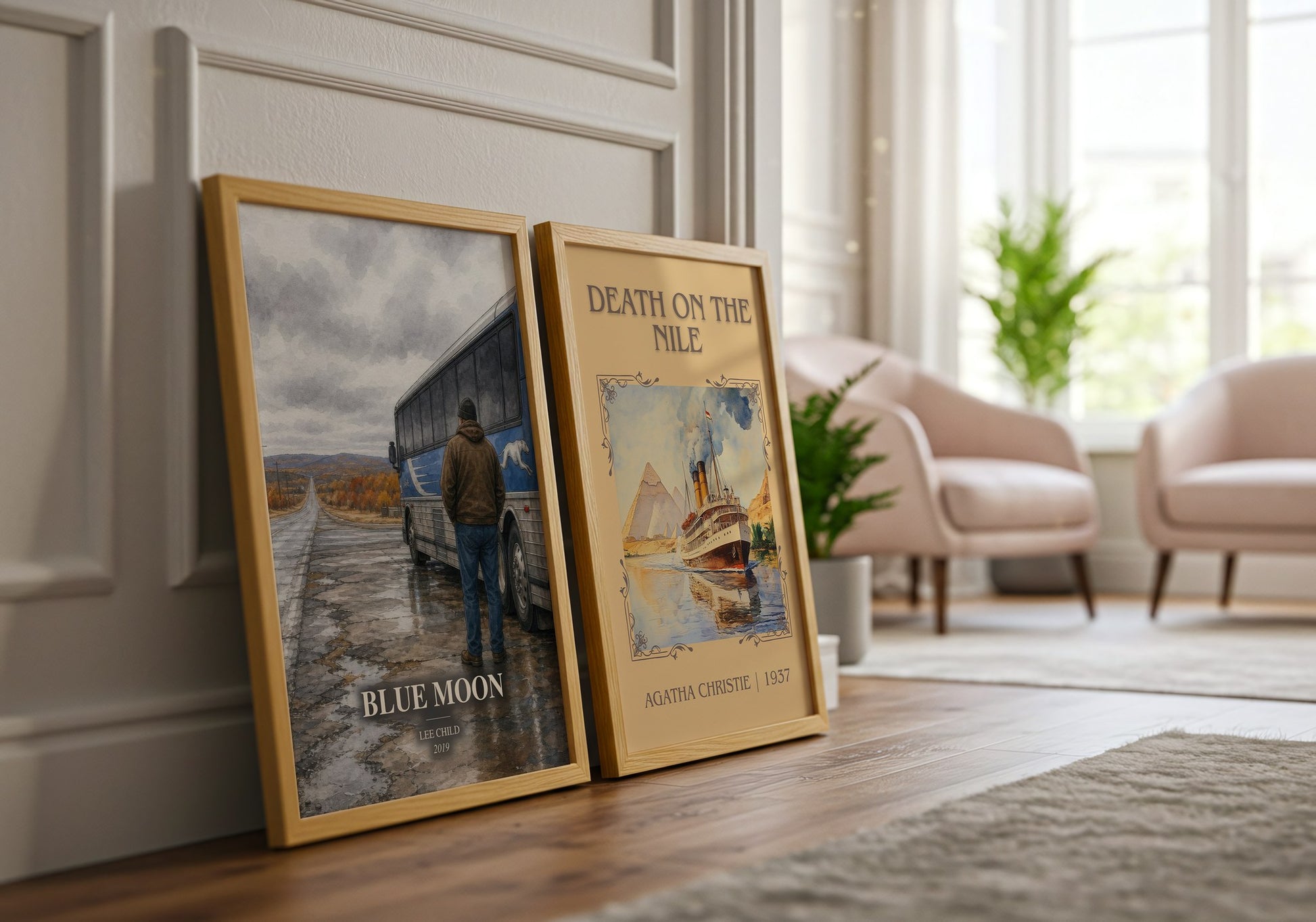 Blue Moon watercolour print framed by window – literary home decor