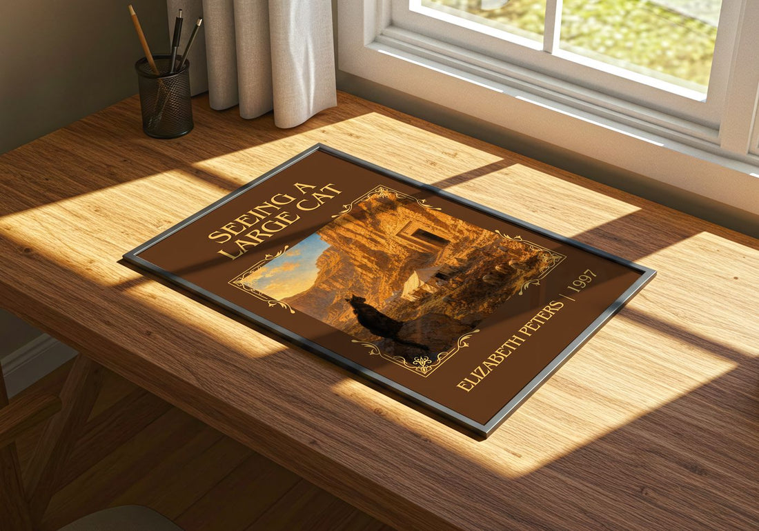 Seeing a large cat Classic Book Art Print by Elizabeth Peters – print on a sunlit desk