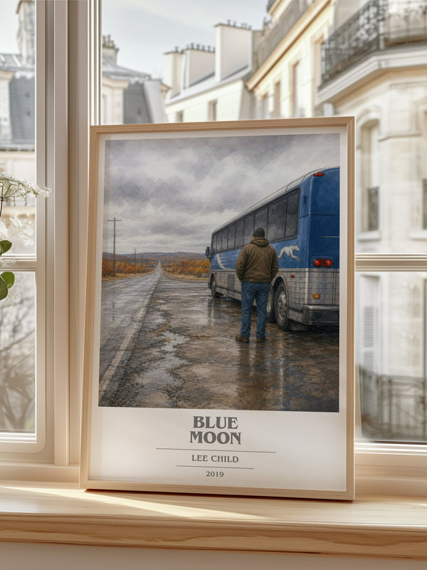 Blue Moon Book Cover Poster by Lee Child – framed print by a bright window