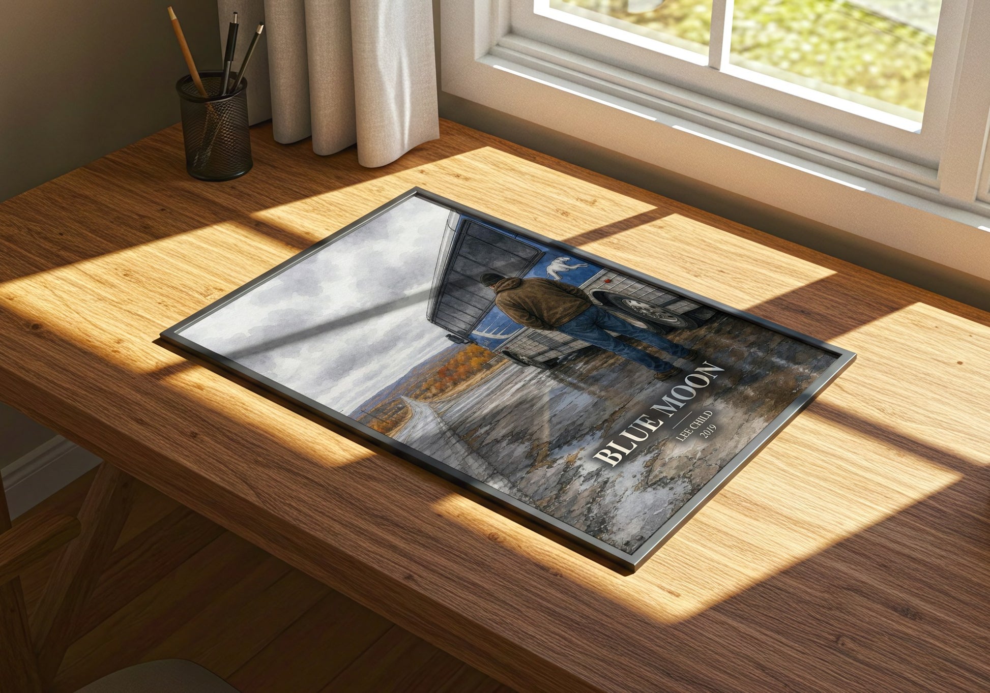 Blue Moon watercolour book poster framed on wall – thriller wall art