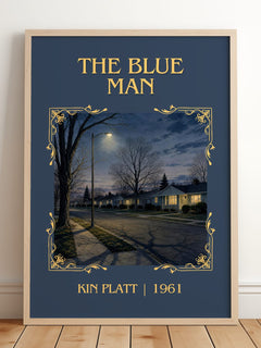 The blue man Classic Book Art Print by Kin Platt – framed print leaning on a wooden floor