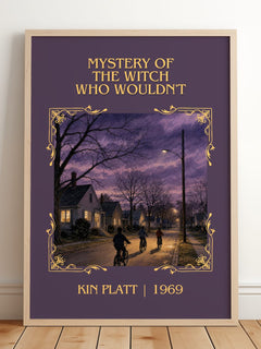 Mystery of the Witch Who Wouldn't Classic Book Art Print by Kin Platt – framed print leaning on a wooden floor