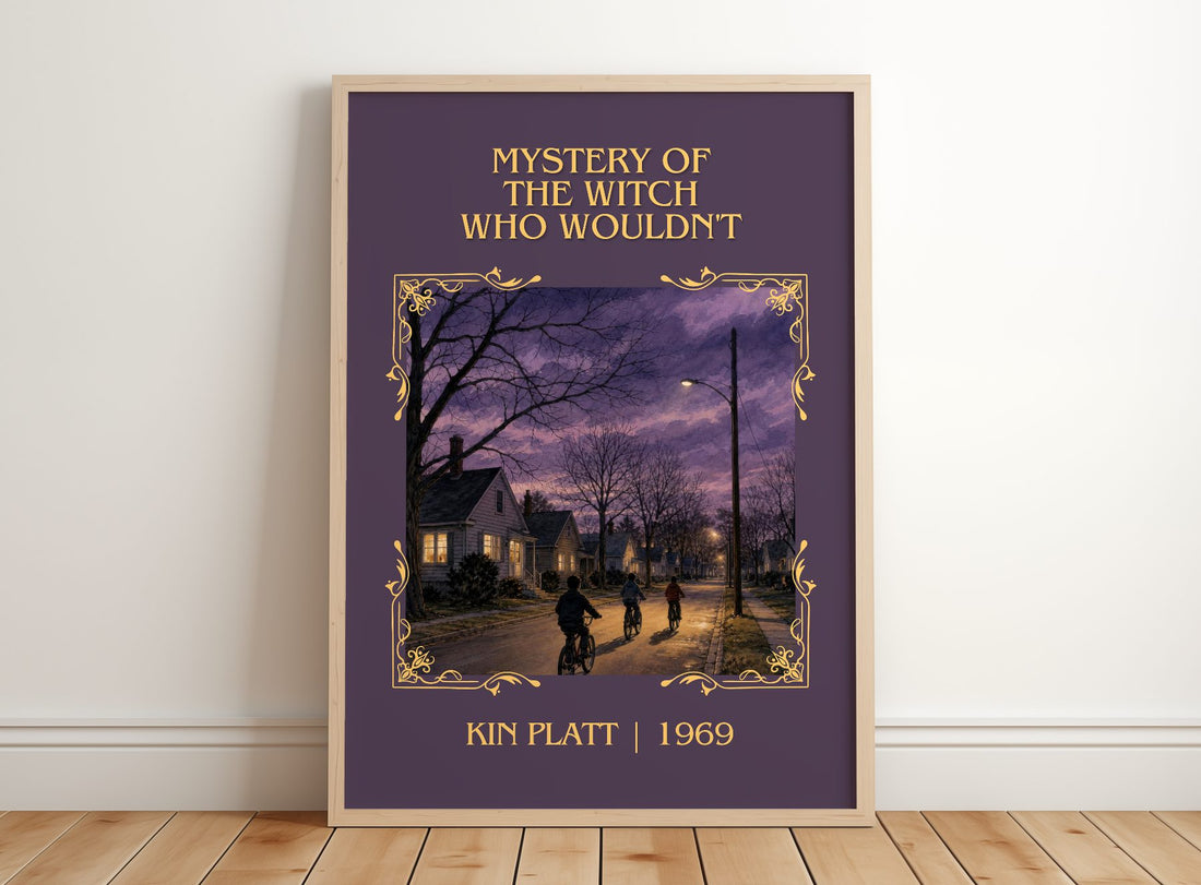 Mystery of the Witch Who Wouldn't Classic Book Art Print by Kin Platt – framed print leaning on a wooden floor