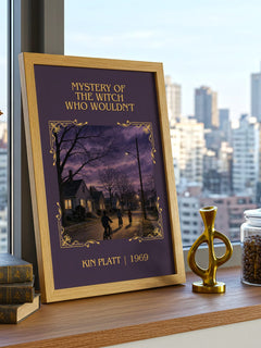 Mystery of the Witch Who Wouldn't Classic Book Art Print by Kin Platt – framed print on a city-view windowsill