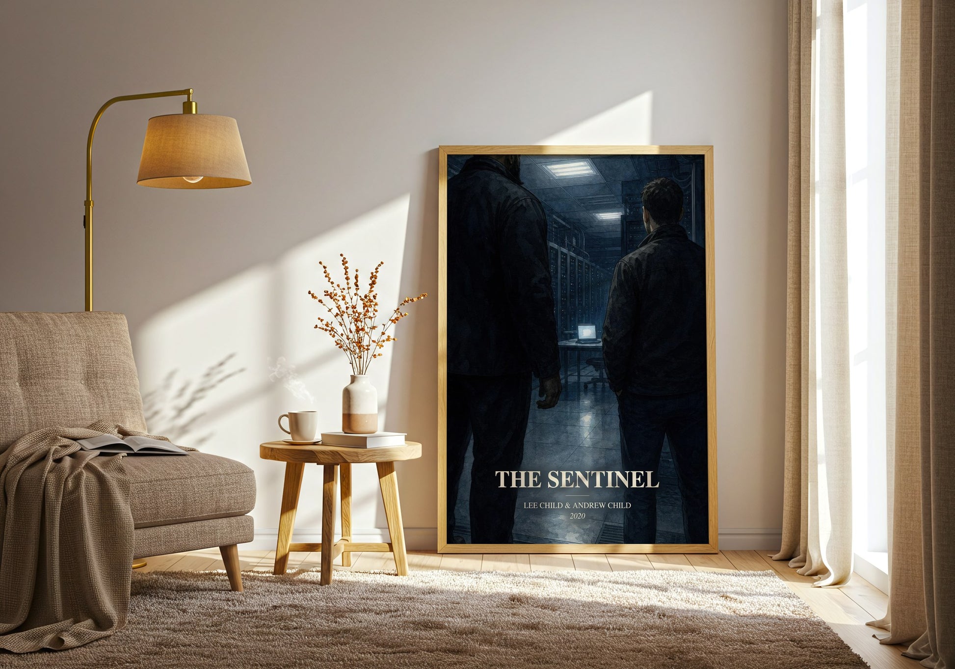 The Sentinel watercolour print in frame leaning in hallway – thriller wall art