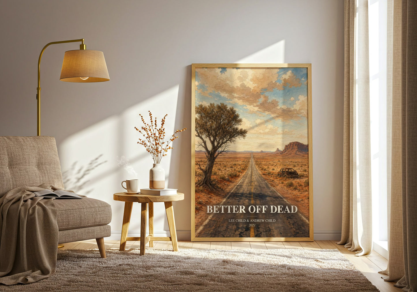 Better Off Dead watercolour print in frame leaning in hallway – thriller wall art