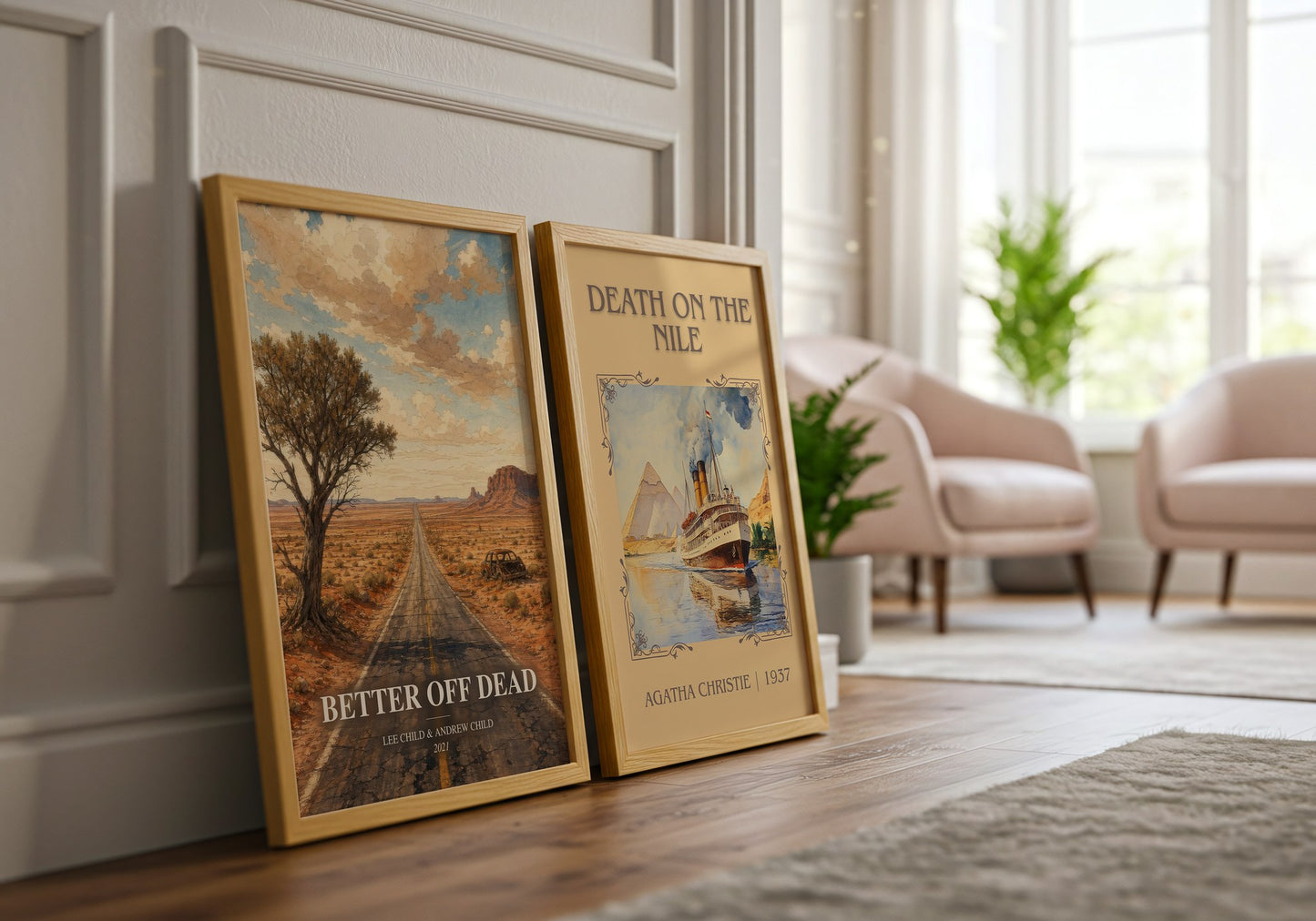 Better Off Dead watercolour print framed by window – literary home decor