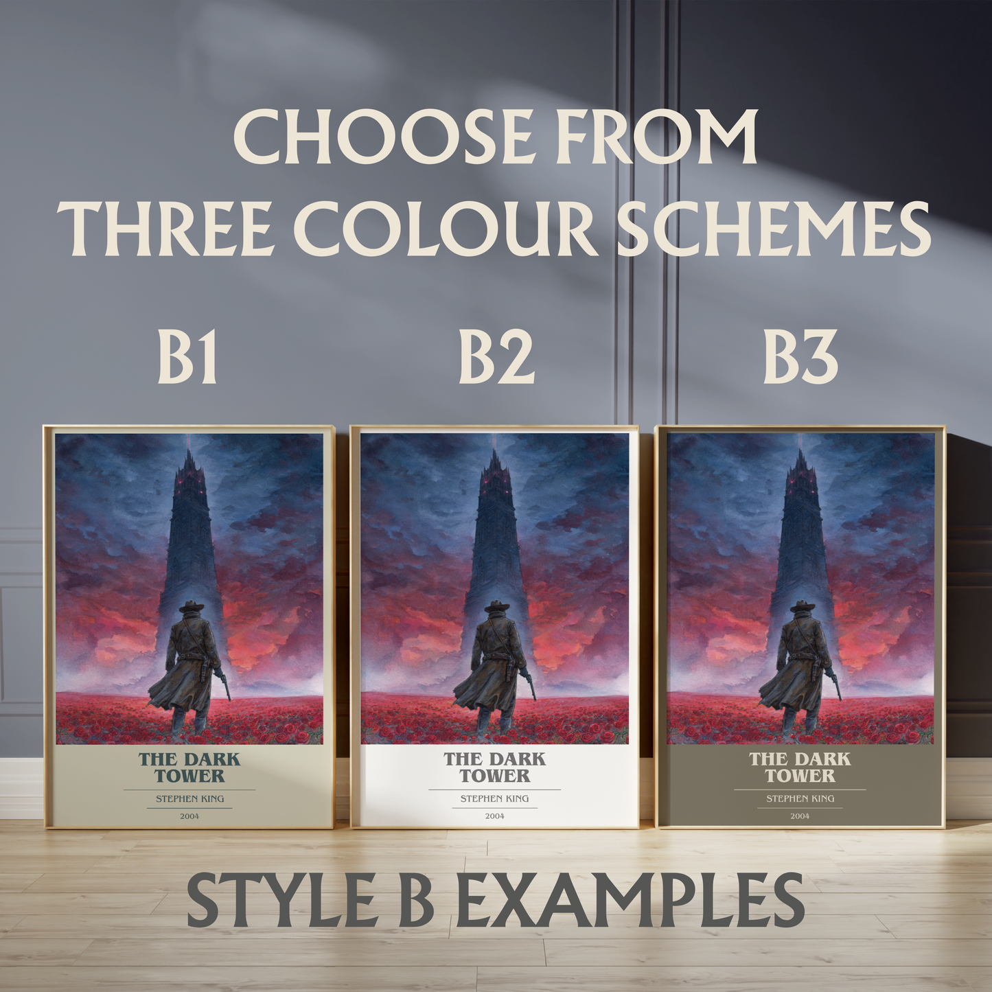 three posters of the same artwork, each with a different color scheme. The posters are titled "The Dark Tower" and are arranged in a row, showcasing the different color schemes.