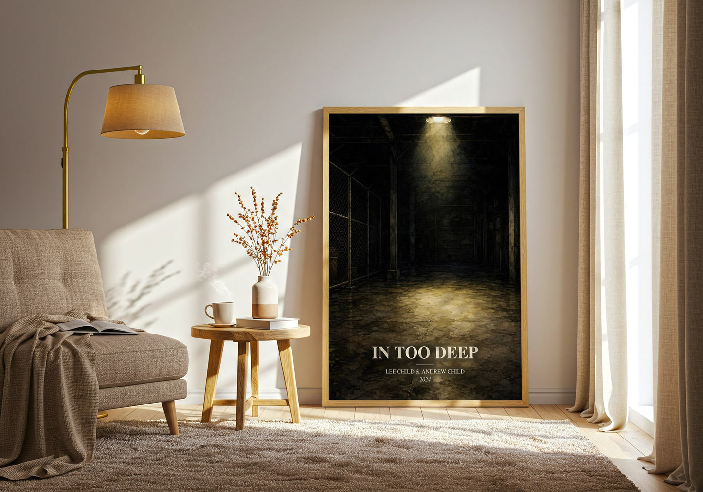 In Too Deep watercolour print in frame leaning in hallway – thriller wall art