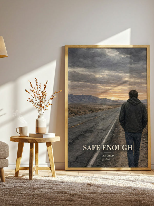 Safe Enough watercolour print in frame leaning in hallway – thriller wall art