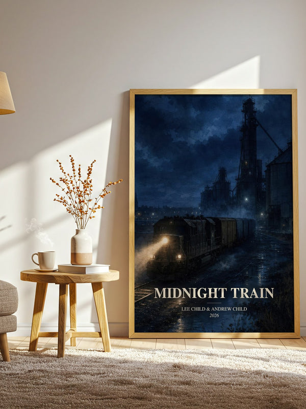 Midnight Train watercolour print in frame leaning in hallway – thriller wall art