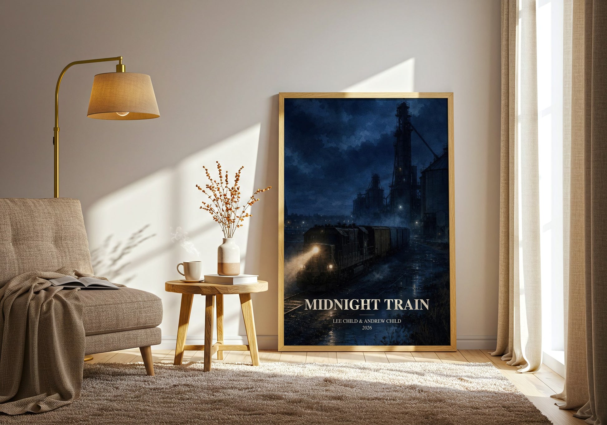 Midnight Train watercolour print in frame leaning in hallway – thriller wall art