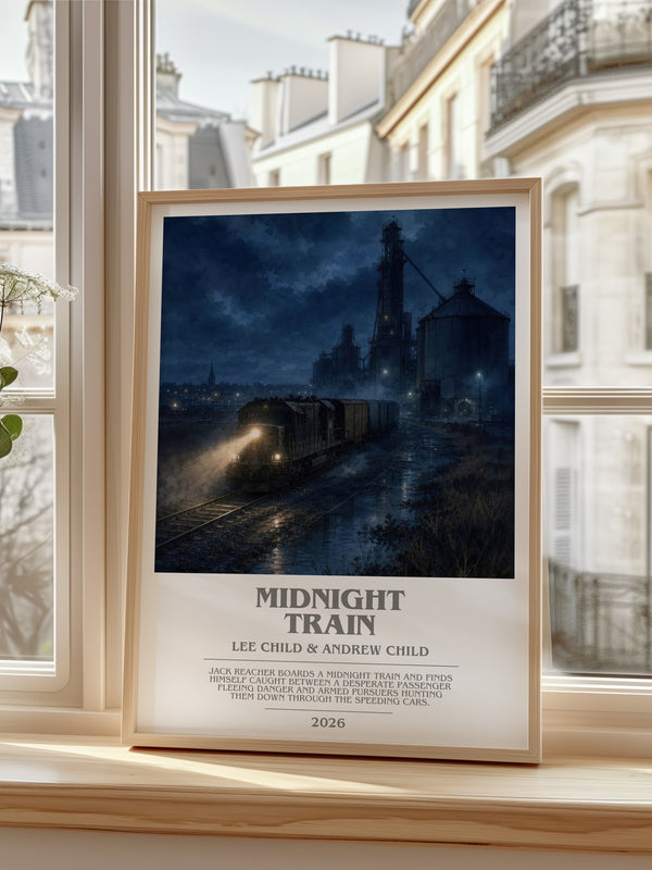 Midnight Train Bookish Wall Art by Lee Child & Andrew Child – framed print by a bright window