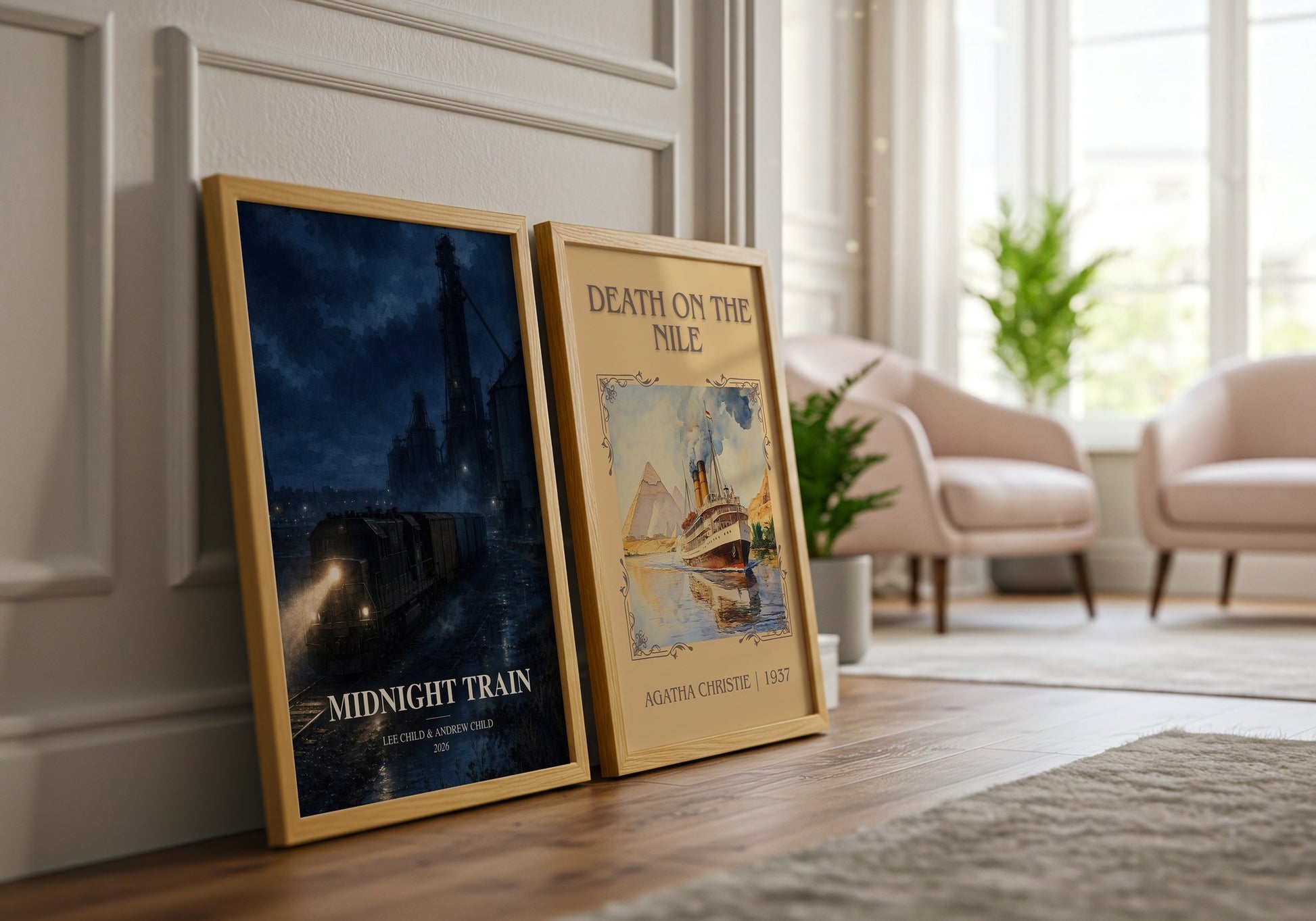Midnight Train watercolour print framed by window – literary home decor