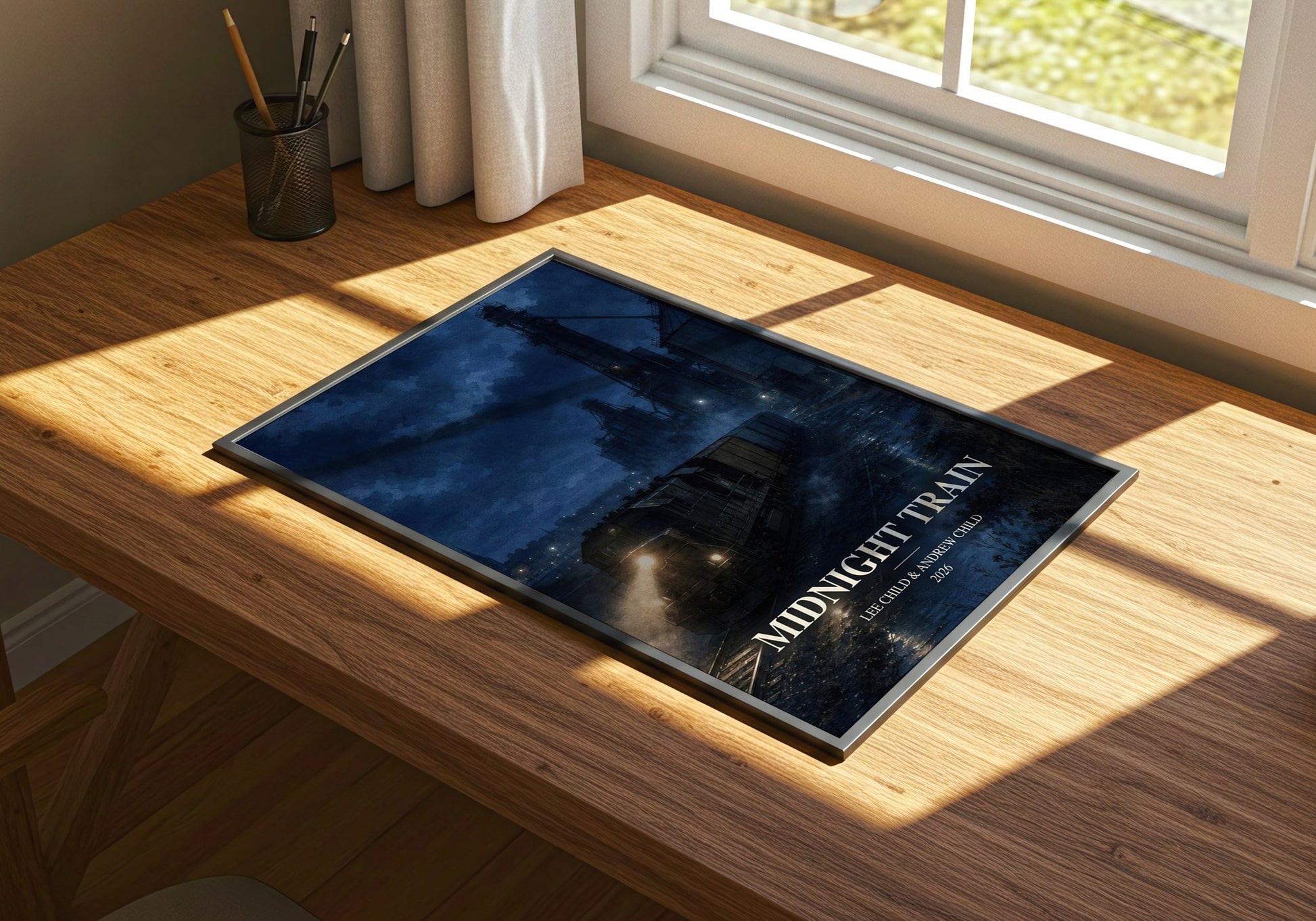 Midnight Train watercolour book poster framed on wall – thriller wall art