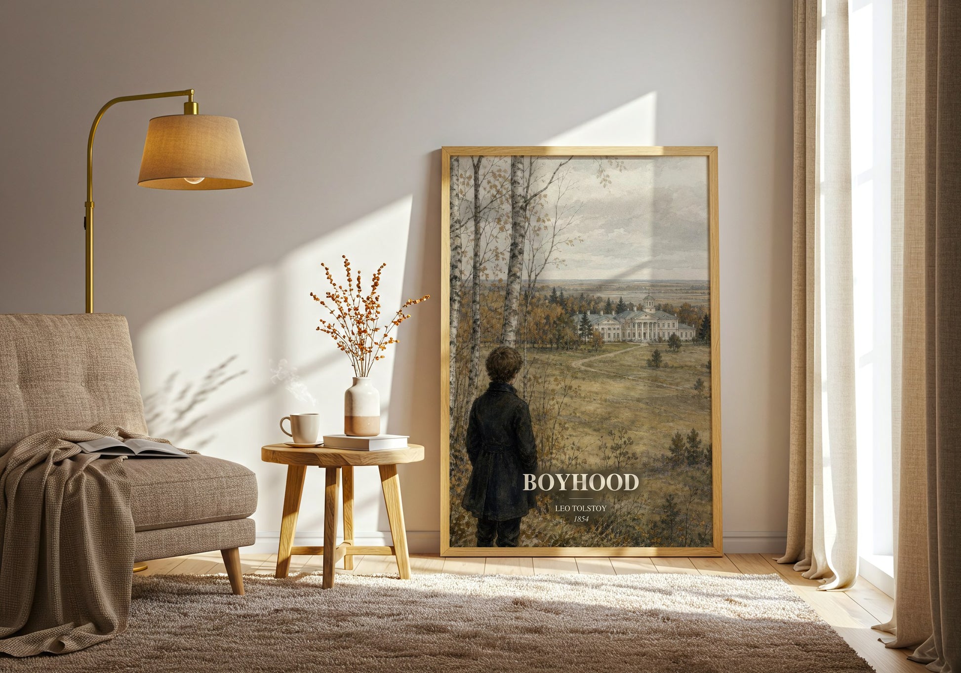 Boyhood watercolour print in frame leaning in hallway – classic literature wall art