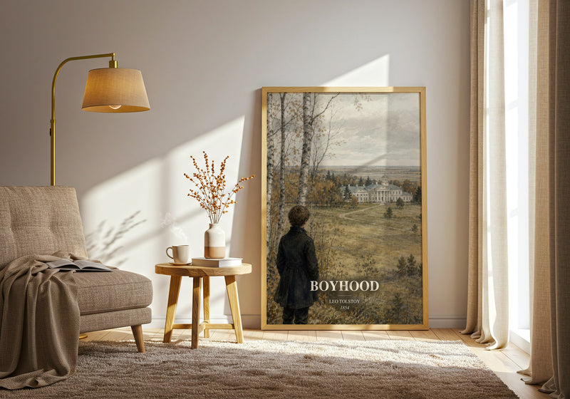 Boyhood watercolour print in frame leaning in hallway – classic literature wall art