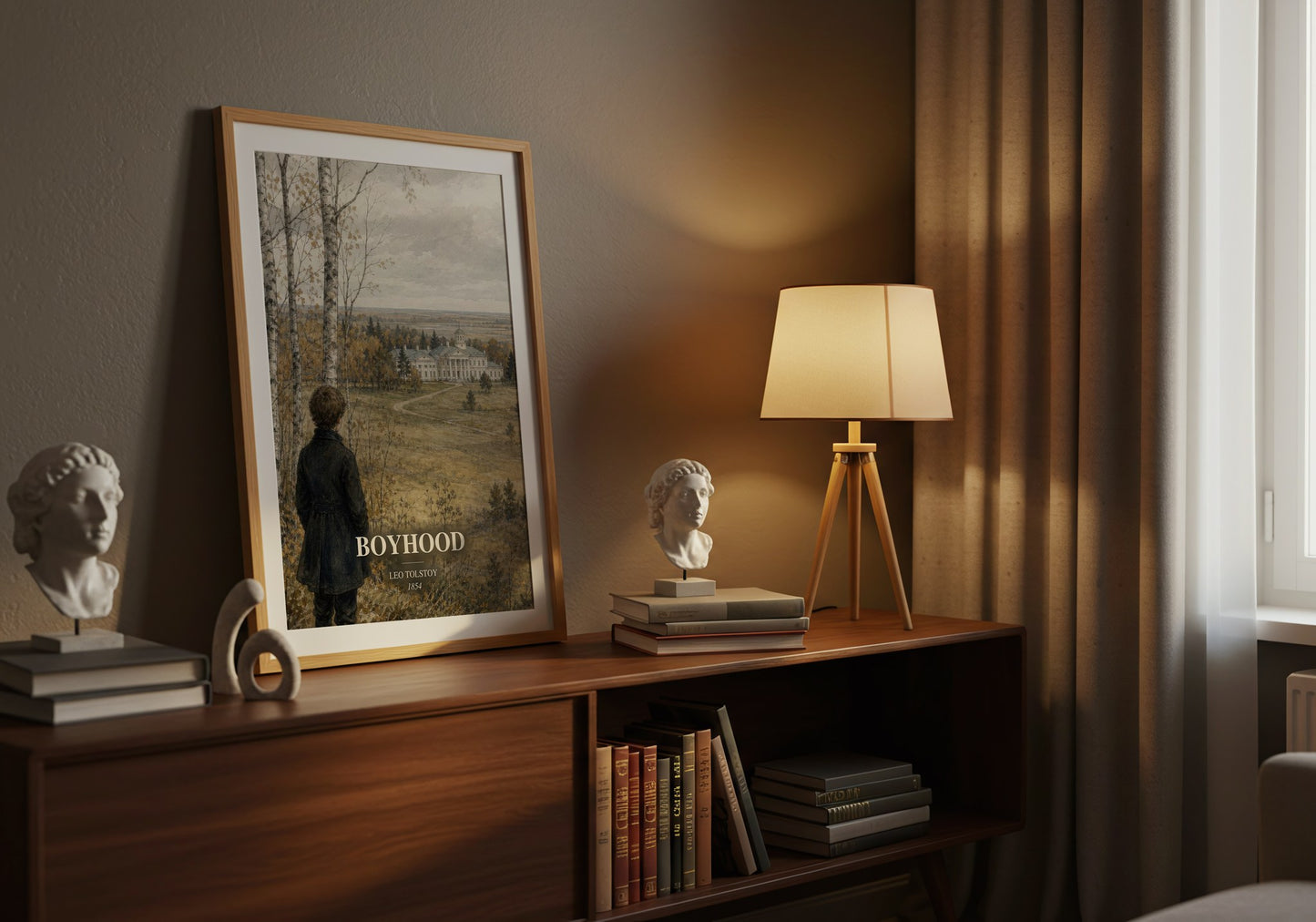 Boyhood watercolour print on bookshelf – Leo Tolstoy fan gift