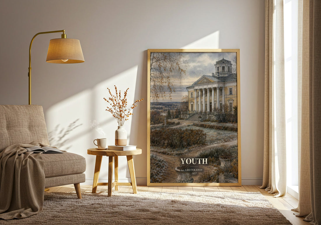 Youth watercolour print in frame leaning in hallway – classic literature wall art (mockup)
