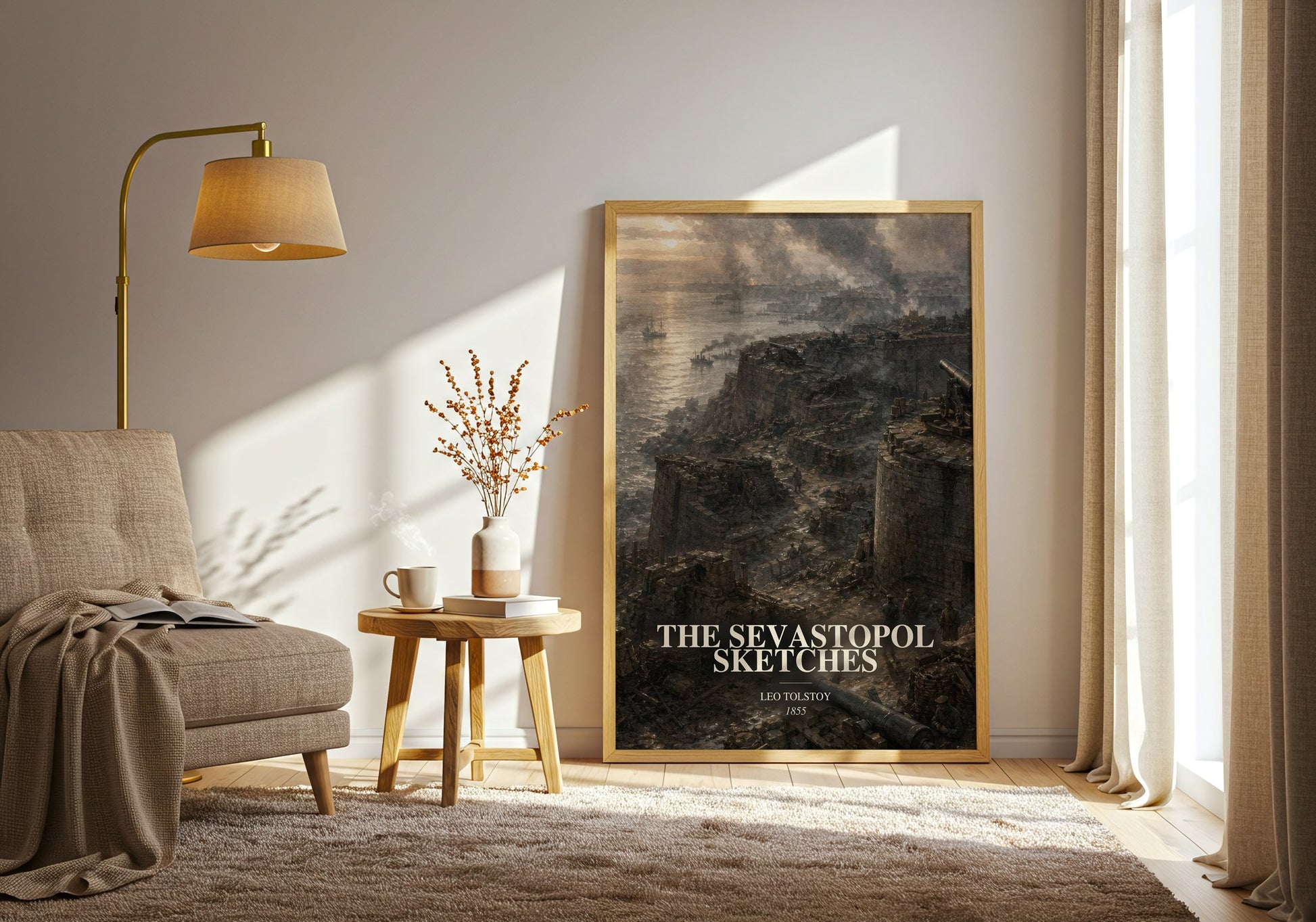 The Sevastopol Sketches watercolour print in frame leaning in hallway – historical fiction wall art