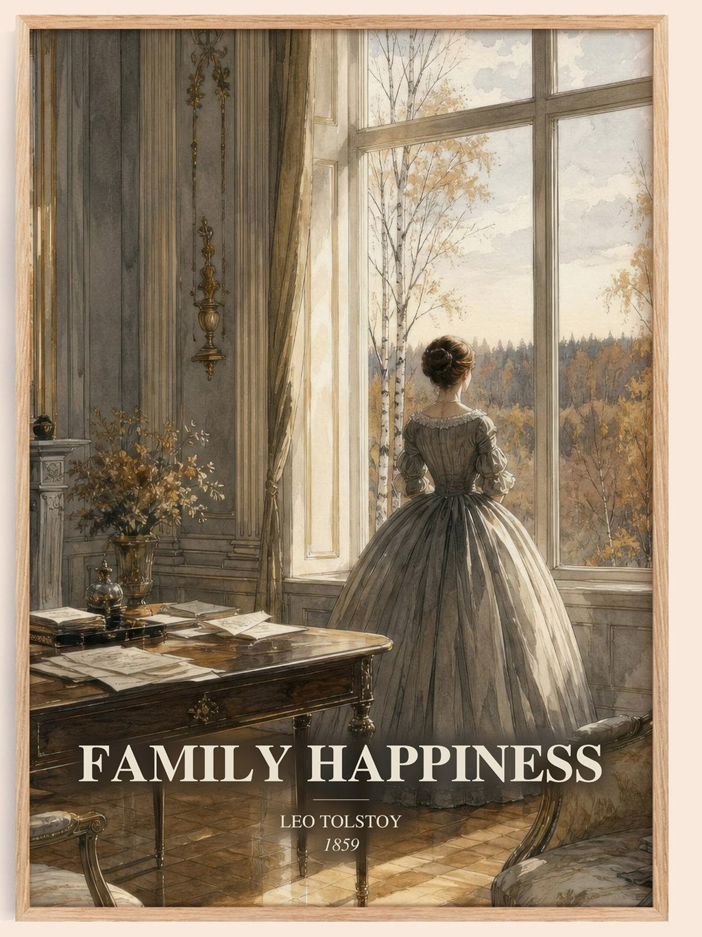 Family Happiness watercolour book poster by Leo Tolstoy – framed literary art print