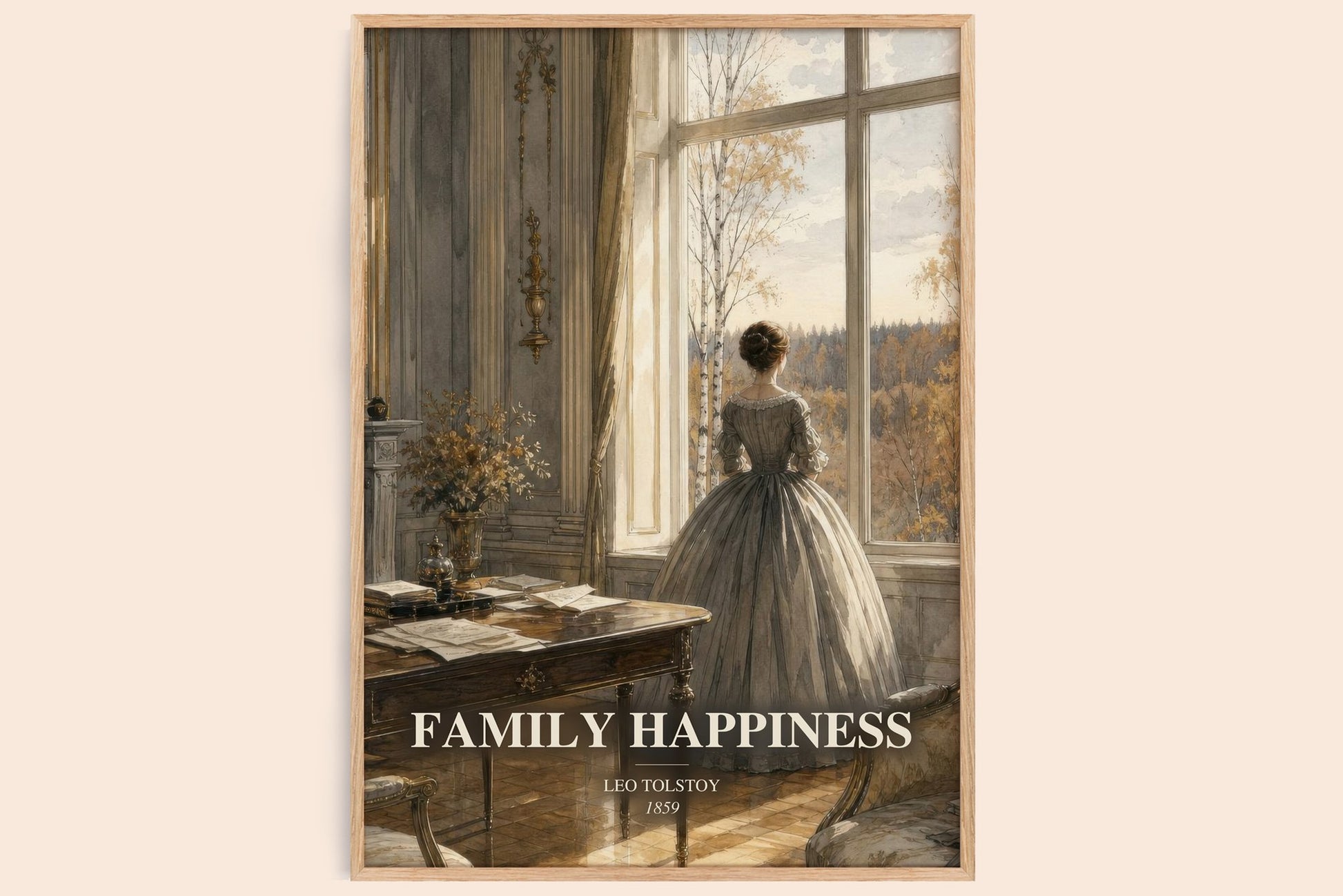 Family Happiness watercolour book poster by Leo Tolstoy – framed literary art print