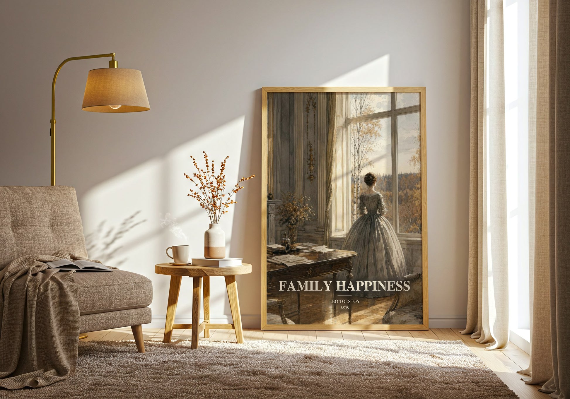 Family Happiness watercolour print in frame leaning in hallway – classic literature wall art
