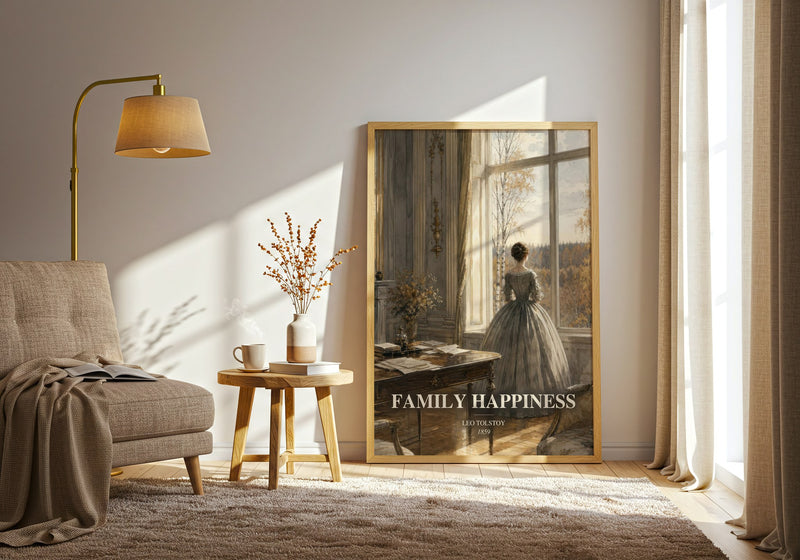 Family Happiness watercolour print in frame leaning in hallway – classic literature wall art